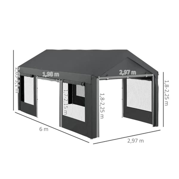 Rootz Carport & Partytält - Höjdjusterbar - 4 fönster & dörrar - Metallram - Galvaniserat stål - Mörkgrå - 3 x 6m