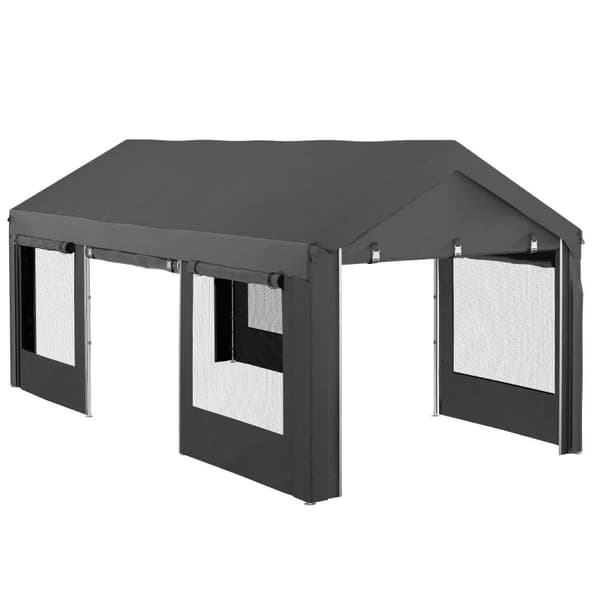 Rootz Carport & Partytält - Höjdjusterbar - 4 fönster & dörrar - Metallram - Galvaniserat stål - Mörkgrå - 3 x 6m