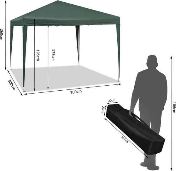 Rootz Gazebo Pop-Up-tält - Vattentät pagod - Solskyddstak - UV- och regntålig - Enkel installation - Justerbar höjd - 3 x 3 m Grön