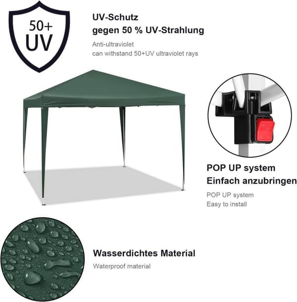 Rootz Gazebo Pop-Up-tält - Vattentät pagod - Solskyddstak - UV- och regntålig - Enkel installation - Justerbar höjd - 3 x 3 m Grön