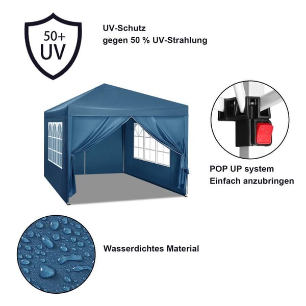 Rootz Gazebo Pop-Up telt - Vandtæt Pagoda - Solafskærmning - UV-beskyttelse - Regnbestandig - Nem opsætning - 3m x 3m Blå