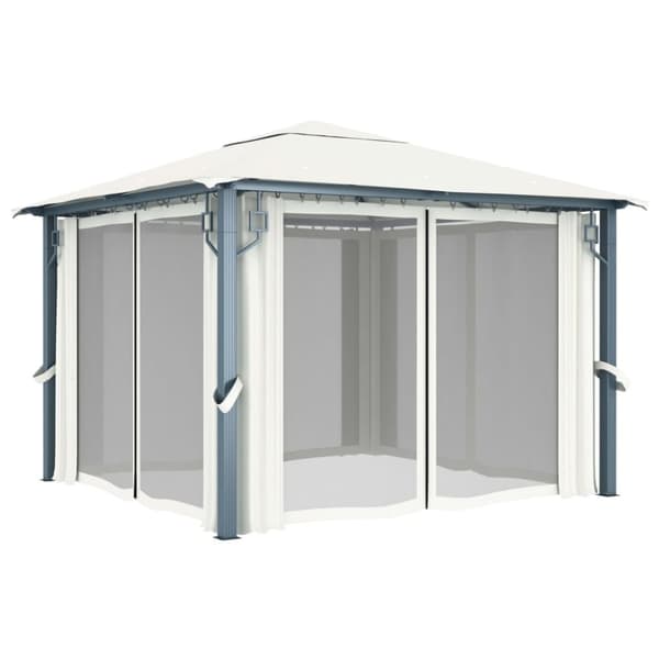 vidaXL pavillon med gardin + LED-lyskæder 3x3 m aluminium cremefarvet - Festtelte & havepavilloner