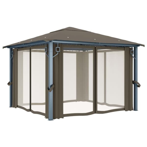 vidaXL pavillon med gardin + LED-lyskæde 300x300 cm aluminium gråbrun - Festtelte & havepavilloner