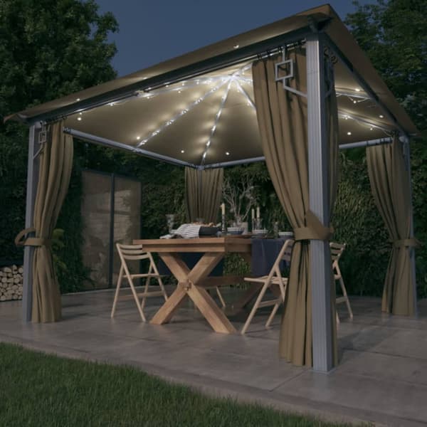vidaXL pavillon med gardin + LED-lyskæde 300x300 cm aluminium gråbrun - Festtelte & havepavilloner
