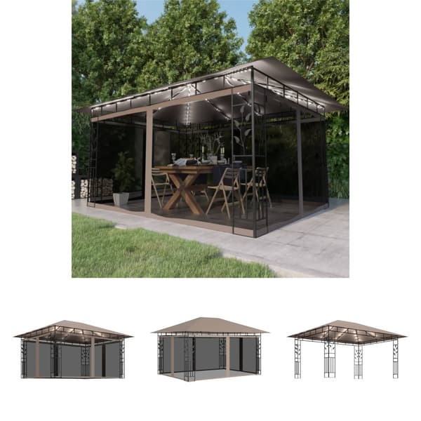 The Living Store Huvimaja hyttysverkko ja LED-valonauha 4x3x2,73 m ruskeanharmaa -  Katokset & huvimajat