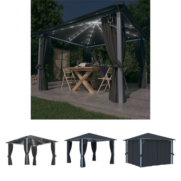 The Living Store pavillon med gardin + LED-lyskæder 300x300 cm aluminium grå -  Festtelte & havepavilloner