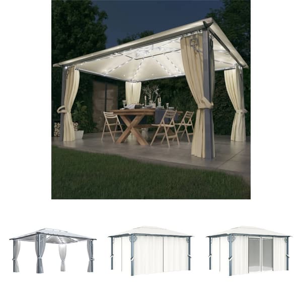 The Living Store Paviljong med gardin & ljusslinga LED 4x3 m gräddvit aluminium -  Partytält & paviljoner