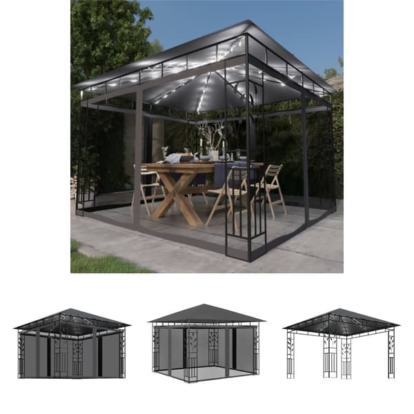 The Living Store pavillon med myggenet og LED-lyskæder 3x3x2,73 m antracitgrå -  Festtelte & havepavilloner