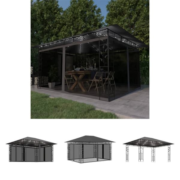 The Living Store pavillon med myggenet og LED-lyskæder 4x3x2,73 m antracitgrå -  Festtelte & havepavilloner