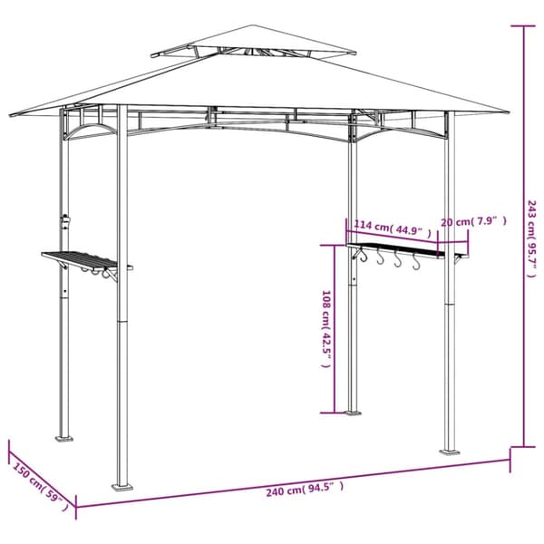 The Living Store Tak för grill med sidohyllor antracit 240x150x243 cm stål - Partytält & paviljoner