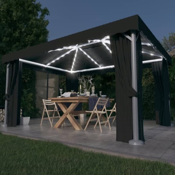 The Living Store Paviljong med draperi och ljusslinga LED 4x3 m antracit -  Partytält & paviljoner