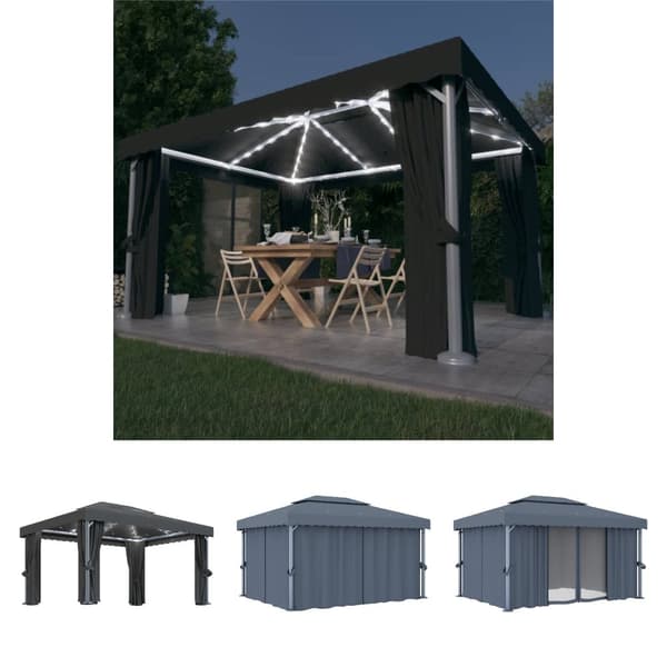 The Living Store Paviljong med draperi och ljusslinga LED 4x3 m antracit -  Partytält & paviljoner