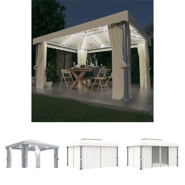The Living Store pavillon med gardin og LED-lyskæder 4x3 m cremefarvet -  Festtelte & havepavilloner