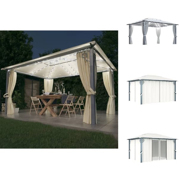 Festtelte & havepavilloner - Living pavillon med gardin + LED-lyskæder 400x300 cm aluminium creme