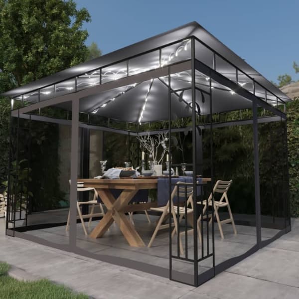 Katokset & huvimajat - Living Huvimaja hyttysverkko ja LED-valonauhat 3x3x2,73 m antrasiitti
