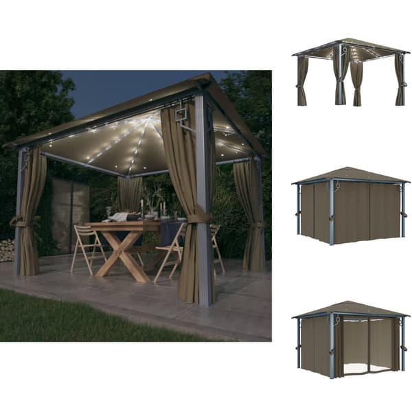 Festtelte & havepavilloner - Living pavillon med gardin + LED-lyskæde 300x300 cm aluminium gråbrun