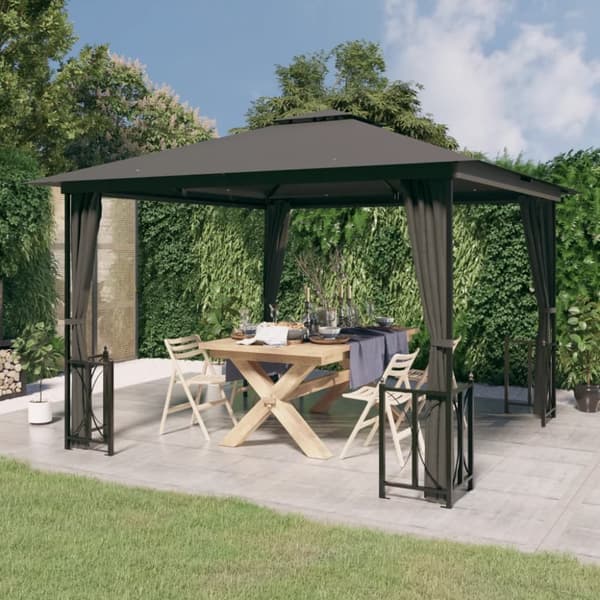 Paviljong med draperier och dubbelt tak 3x3 m antracit - Paviljong - Paviljonger - Home & Living