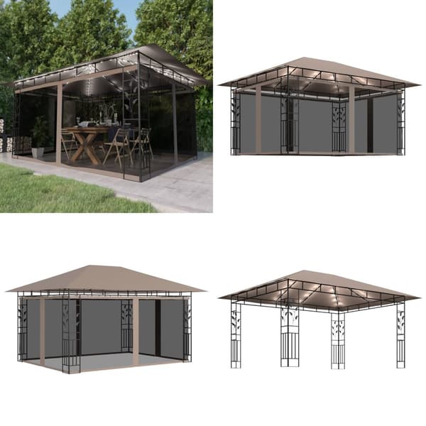 Pavillon med myggenet + LED-lyskæder 4x3x2,73 m gråbrun - Pavillon - Pavilloner - Home & Living
