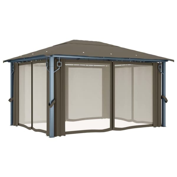 Pavillon med gardin + LED-lyskæde 400x300 cm aluminium gråbrun - Pavillon - Pavilloner - Home & Living
