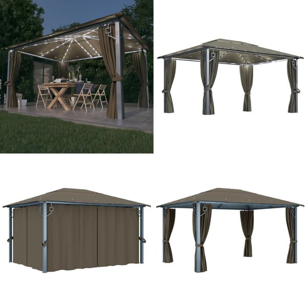 Pavillon med gardin + LED-lyskæde 400x300 cm aluminium gråbrun - Pavillon - Pavilloner - Home & Living