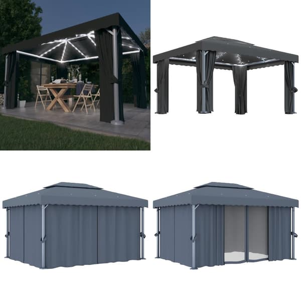 Pavillon med gardin og LED-lyskæder 4x3 m antracitgrå - Pavillon - Pavilloner - Home & Living
