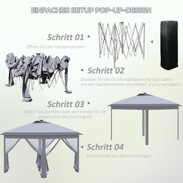 Rootz 3,3 m x 3,3 m Pop Up Gazebo - Udendørs baldakin - Festtelt - Solar LED-belysning - Mesh Gardiner - 330 cm x 330 cm x 288 cm - Metal & Oxford sto