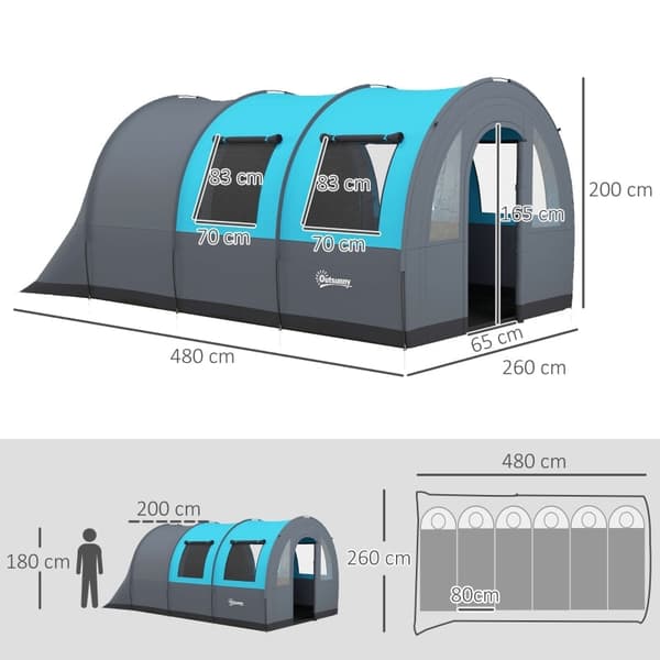 Rootz campingtält för upp till 6 personer - Familjetält - Festivaltält - Maximal komfort - Vattentätt skydd - Bekväm belysning - 480L x 260W x 200H cm
