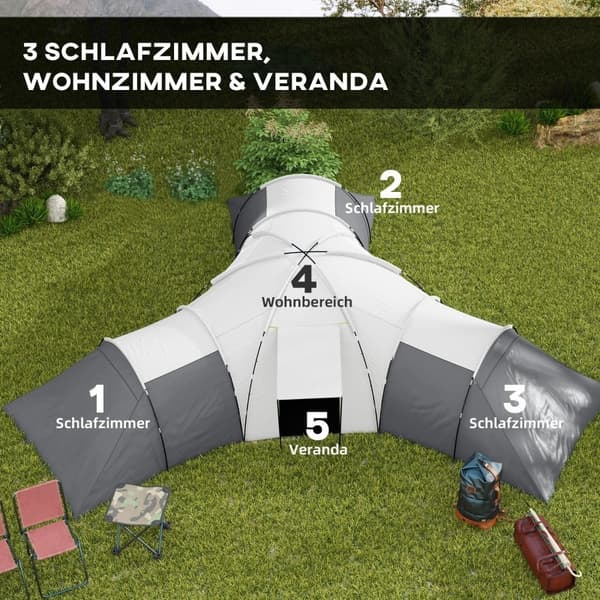 Rootz Camping Teltta - Tunneliteltta - Perheteltta - Tilava - Kestävä - Vedenpitävä - 220L x 188L x 150K cm (Makuuhuone), 495L x 415W cm (Olohuone)
