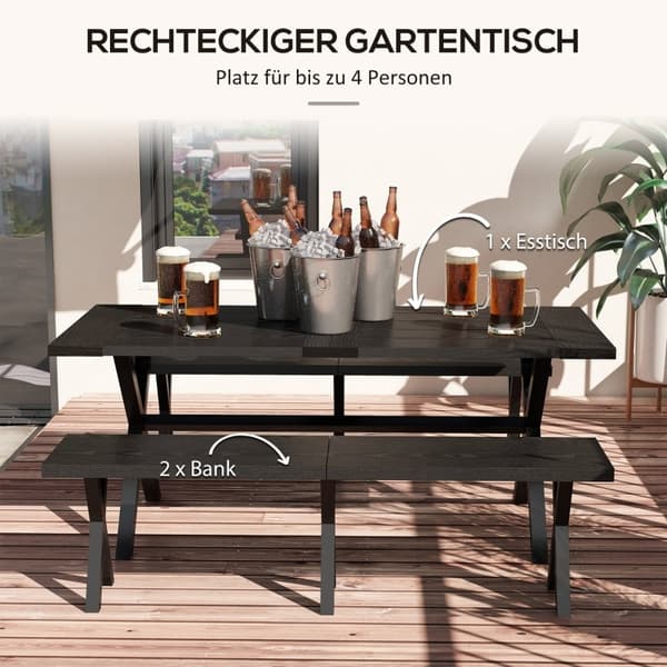 Rootz öltältset för 4 personer - Uteserveringsset - Trädgårdsfestmöbler - Väderbeständig - Trälook - Aluminiumram - 180cm x 80cm x 73cm Bord - 165cm x