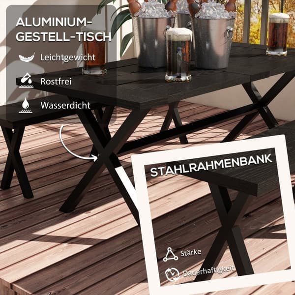Rootz öltältset för 4 personer - Uteserveringsset - Trädgårdsfestmöbler - Väderbeständig - Trälook - Aluminiumram - 180cm x 80cm x 73cm Bord - 165cm x