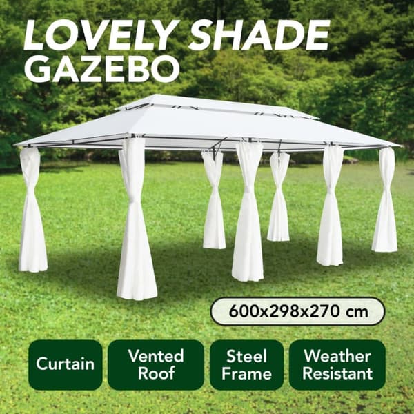 Paviljong med draperier 600x298x270 cm vit 180g/m²