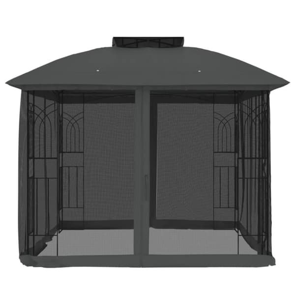 Paviljong med dubbelt tak & nätväggar antracit 2,94x2,94 m stål