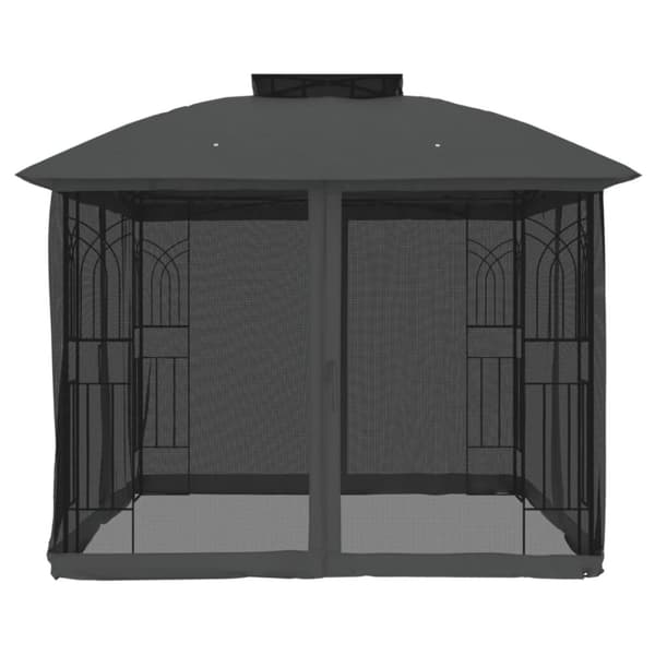 Paviljong med dubbelt tak & nätväggar antracit 2,94x2,94 m stål