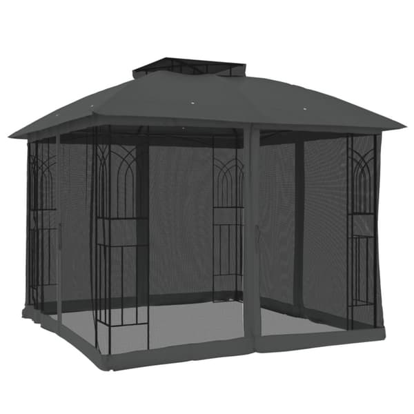 Paviljong med dubbelt tak & nätväggar antracit 2,94x2,94 m stål