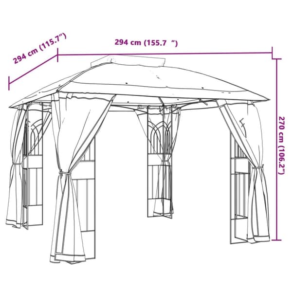 Paviljong med dubbelt tak & nätväggar antracit 2,94x2,94 m stål