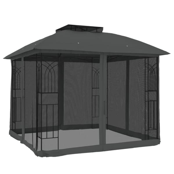 Paviljong med dubbelt tak & nätväggar antracit 2,94x2,94 m stål