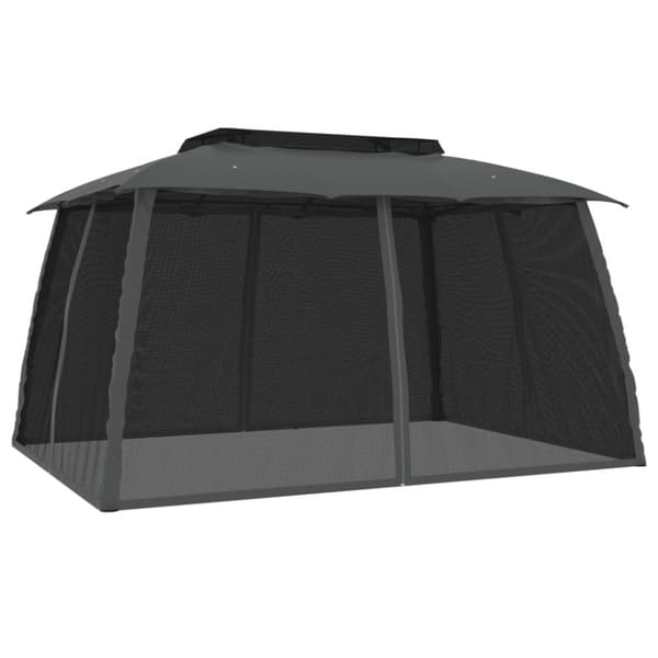 Paviljong med dubbelt tak & nätväggar antracit 3,93x2,93 m stål