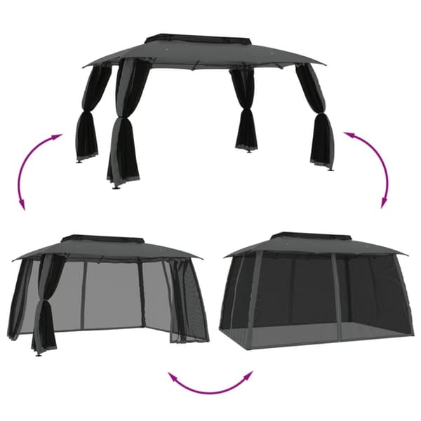 Paviljong med dubbelt tak & nätväggar antracit 3,93x2,93 m stål