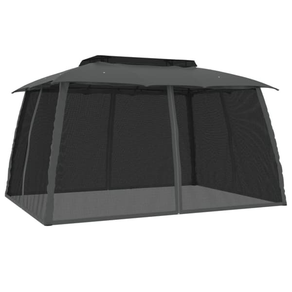 Paviljong med dubbelt tak & nätväggar antracit 3,93x2,93 m stål