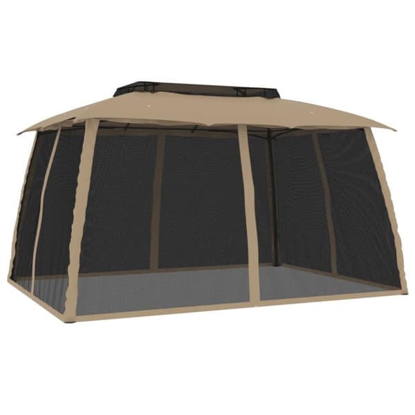 Paviljong med dubbelt tak & nätväggar taupe 3,93x2,93 m stål