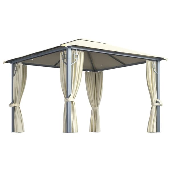 Paviljong med gardin & ljusslinga LED 3x3 m gräddvit aluminium