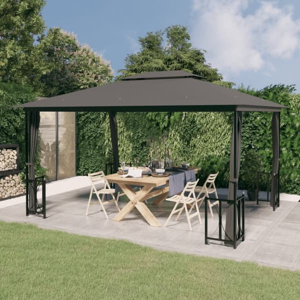 Paviljong med draperier och dubbelt tak 3x4 m antracit