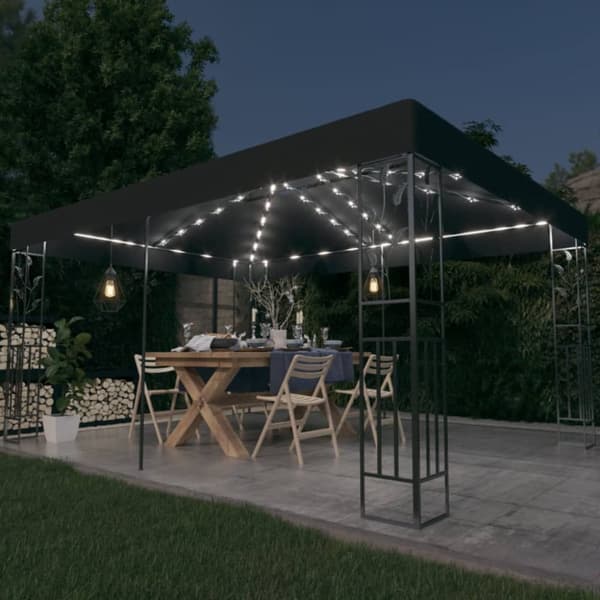 Paviljong med dubbeltak och ljusslinga LED 3x4 m antracit