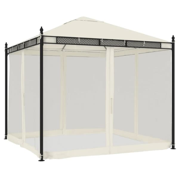 Paviljong med nätväggar gräddvit 2,93x2,93 m stål