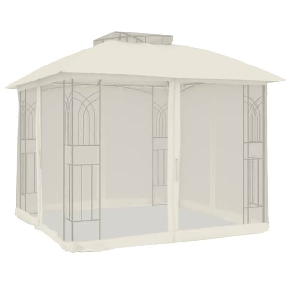 Paviljong med dubbelt tak & nätväggar gräddvit 2,94x2,94 m stål