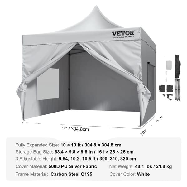 VEVOR Pop-up -katos, UV-kestävä, säädettävä korkeus,Hopea 10x10ft Silver 10x10ft