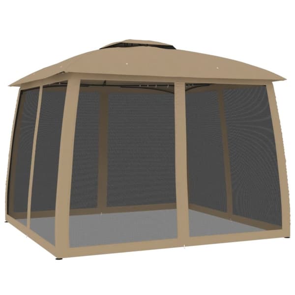 Paviljong med dubbelt tak & nätväggar taupe 2,93x2,93 m stål