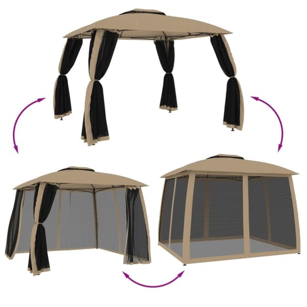 Paviljong med dubbelt tak & nätväggar taupe 2,93x2,93 m stål
