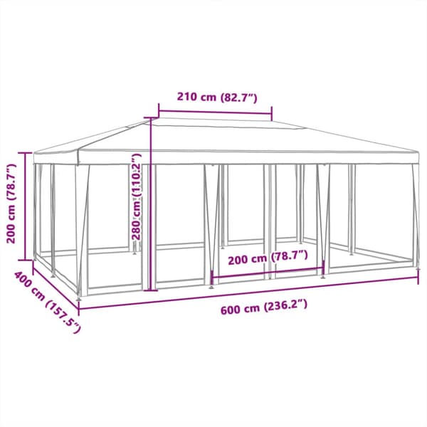 Partytält med 10 sidoväggar i nät 6x4 m HDPE grön