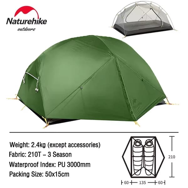 Ultralätt Campingtält, Dubbel Lager Vattentålig, Tre-Säsongs Design,20D - Grön